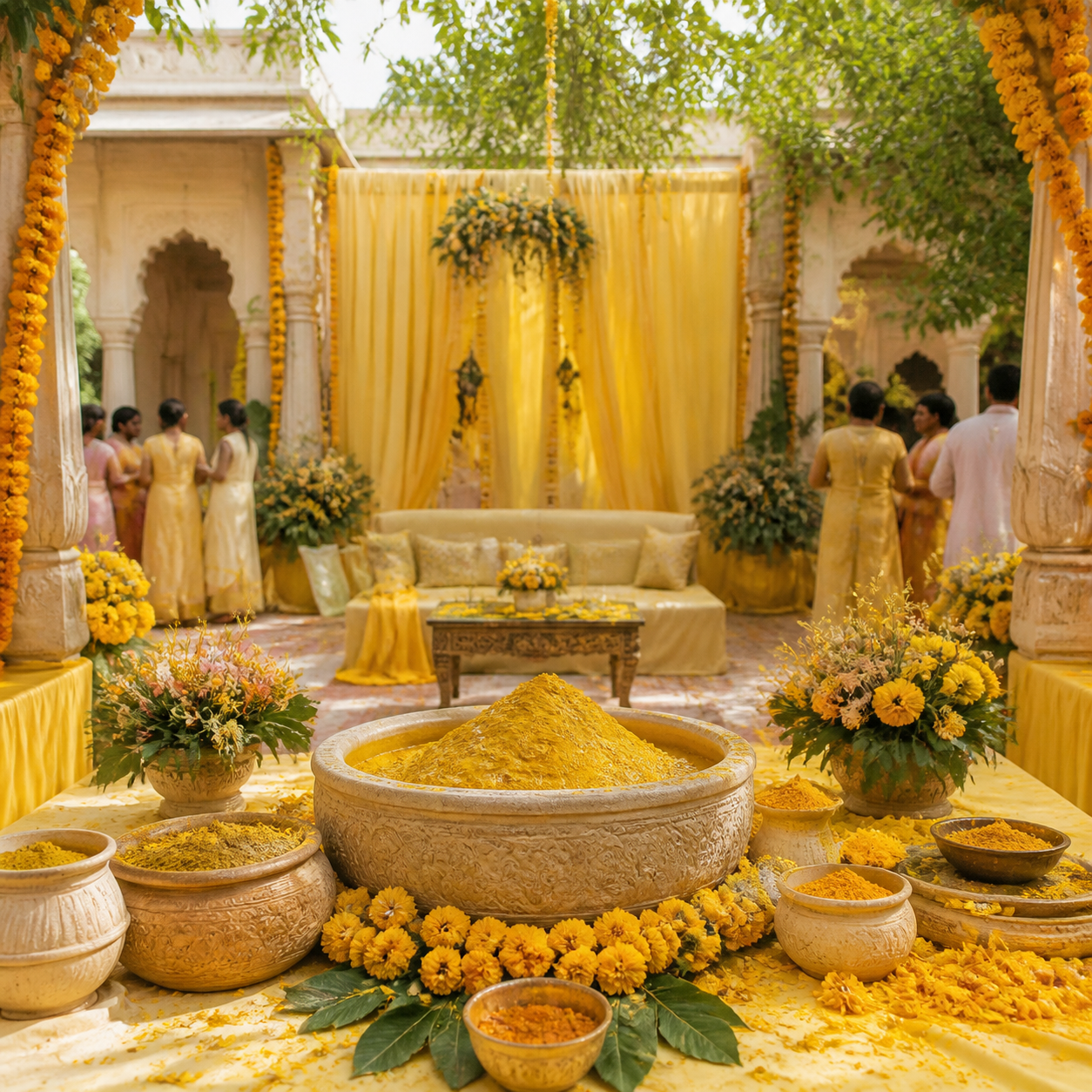 Marigold-decorated Haldi celebration